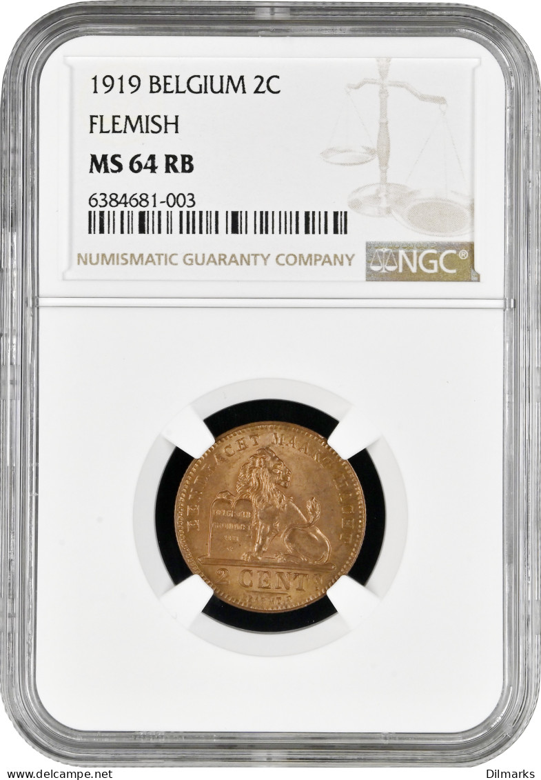 Belgium 2 Centimes 1919 Flemish, NGC MS64 RB, &quot;King Albert I (1910 - 1934)&quot; - Other & Unclassified