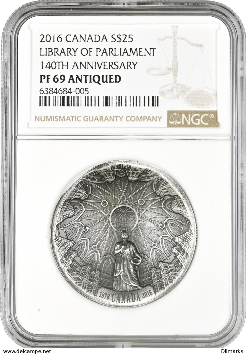 Canada 25 Dollars 2016, NGC PF69 ANTIQUED, &quot;140th Ann. - Library Of Parliament&quot; - Camerún