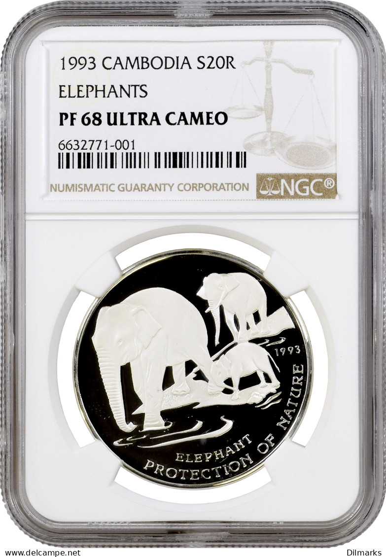 Cambodia 20 Riels 1993, NGC PF68 UC, &quot;Protection Of Nature - Elephant&quot; - Cambodia