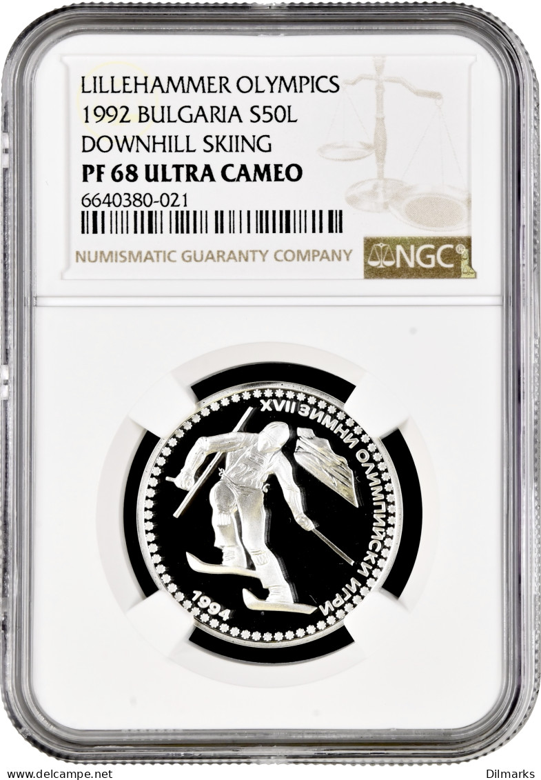 Bulgaria 50 Leva 1992, NGC PF68 UC, &quot;Lillehammer Olympics - Downhill Skiing&quot; - Bulgaria