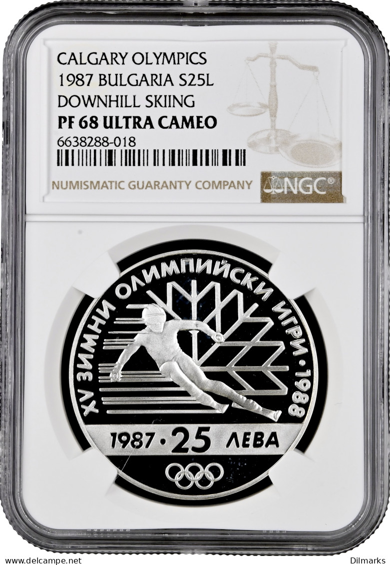 Bulgaria 25 Leva 1987, NGC PF68 UC, &quot;XV Olympic Winter Games, Calgary 1988&quot; - Bulgarie