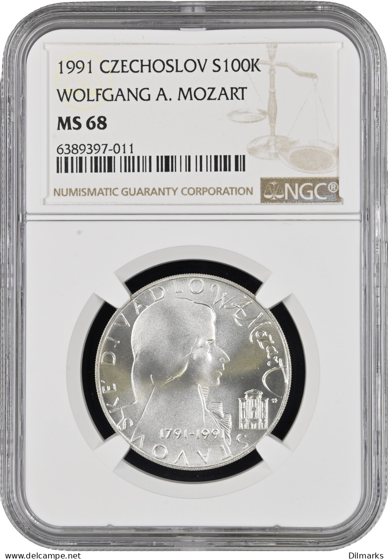Czechoslovakia 100 Korun 1991, NGC MS68, &quot;200th Anniversary - Death Of Wolfgang A. Mozart&quot; Top Pop - Cecoslovacchia