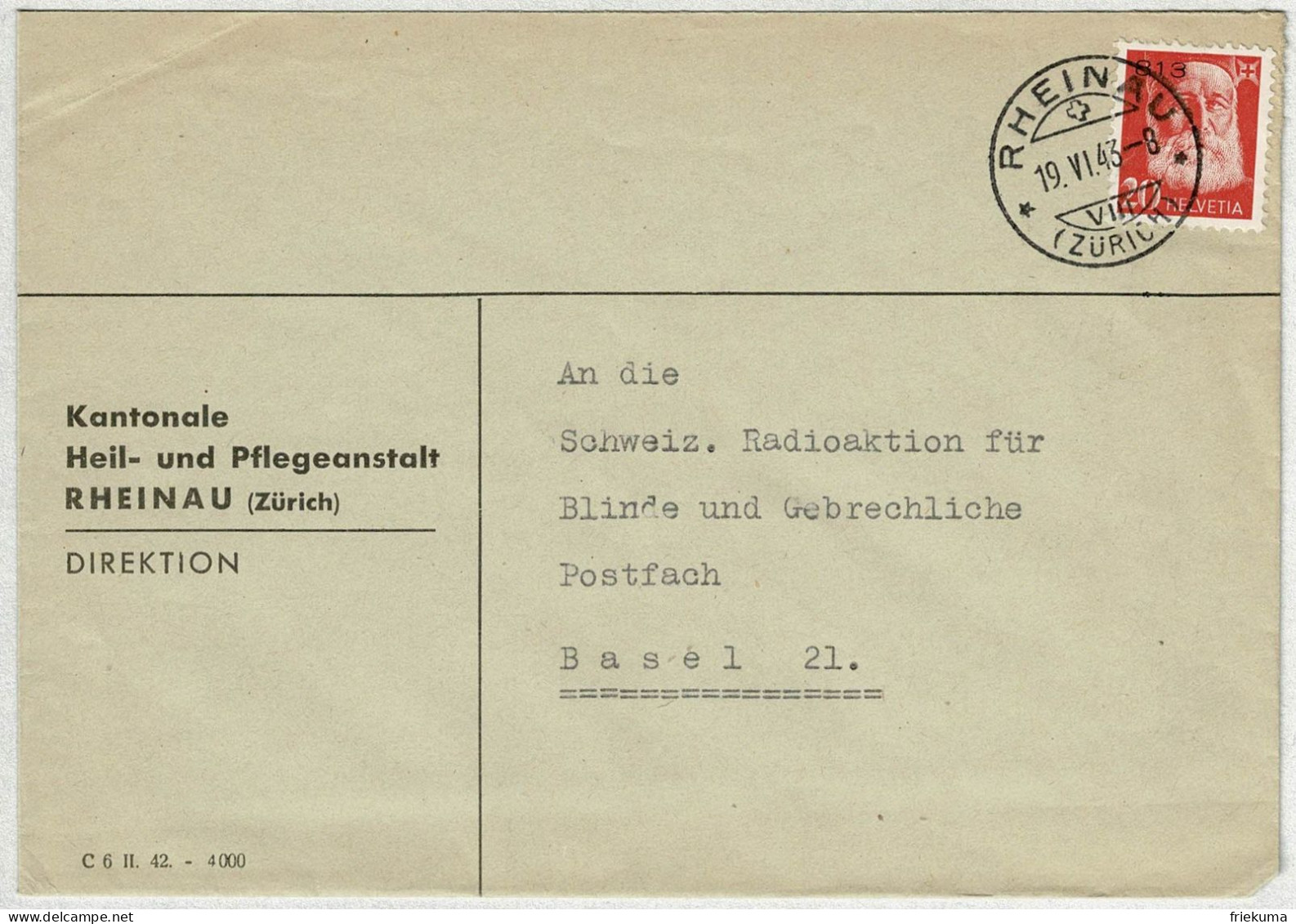 Schweiz / Helvetia 1943, Brief Portofrei Heil- Und Pflegeanstalt Rheinau - Basel - Portofreiheit