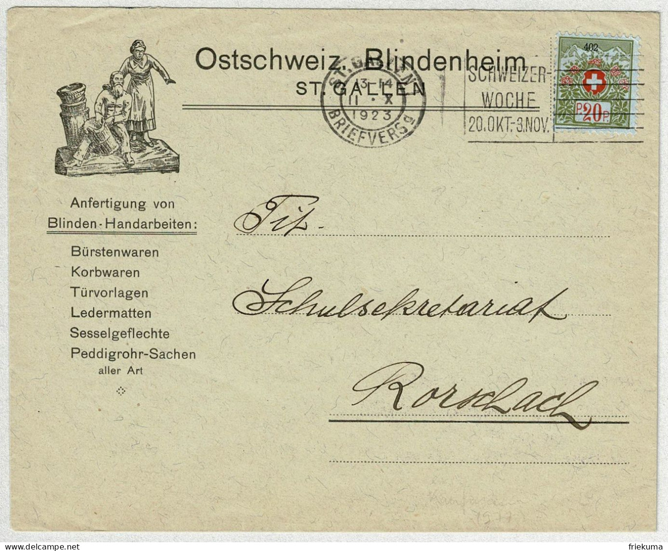 Schweiz / Helvetia 1923, Brief Portofrei Ostschweizer Blindenheim St. Gallen - Rorschach  - Franquicia