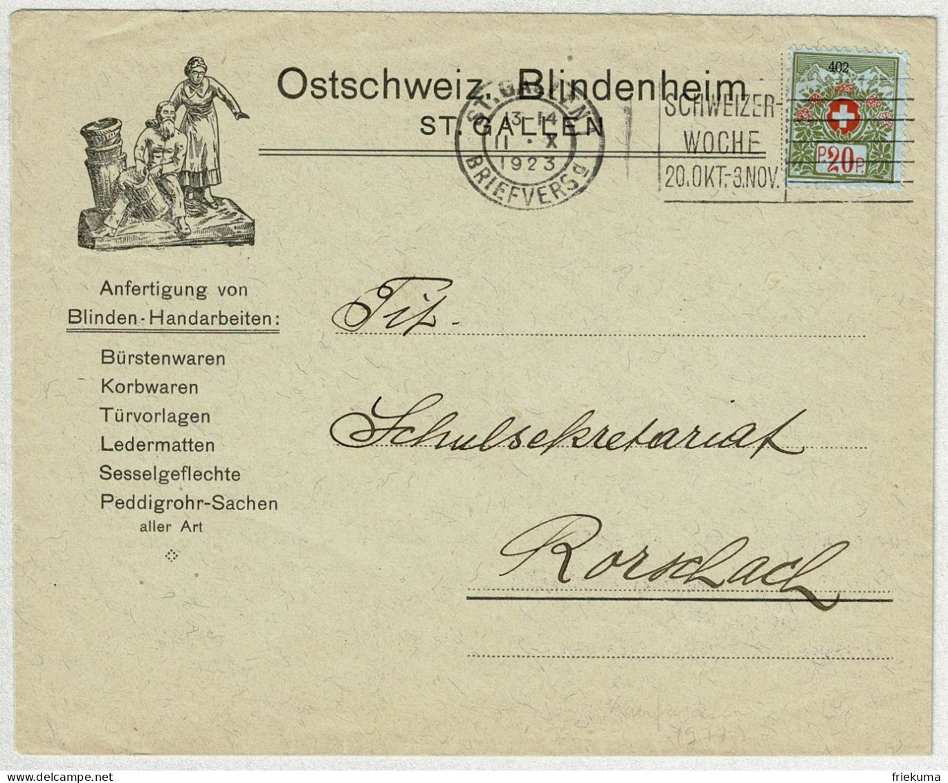 Schweiz / Helvetia 1923, Brief Portofrei Ostschweizer Blindenheim St. Gallen - Rorschach  - Vrijstelling Van Portkosten