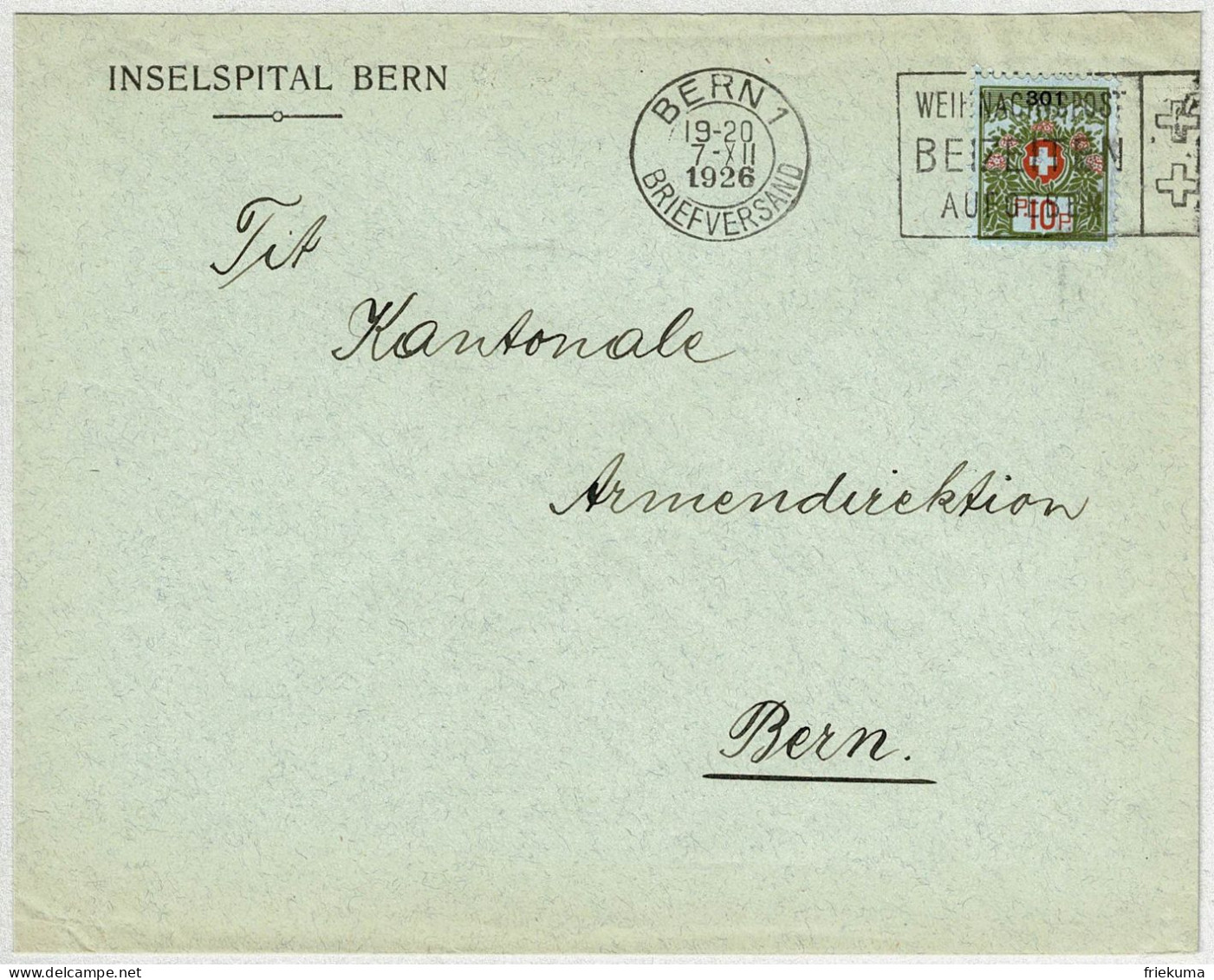 Schweiz / Helvetia 1926, Brief Portofrei Inselspital Bern  - Franchigia