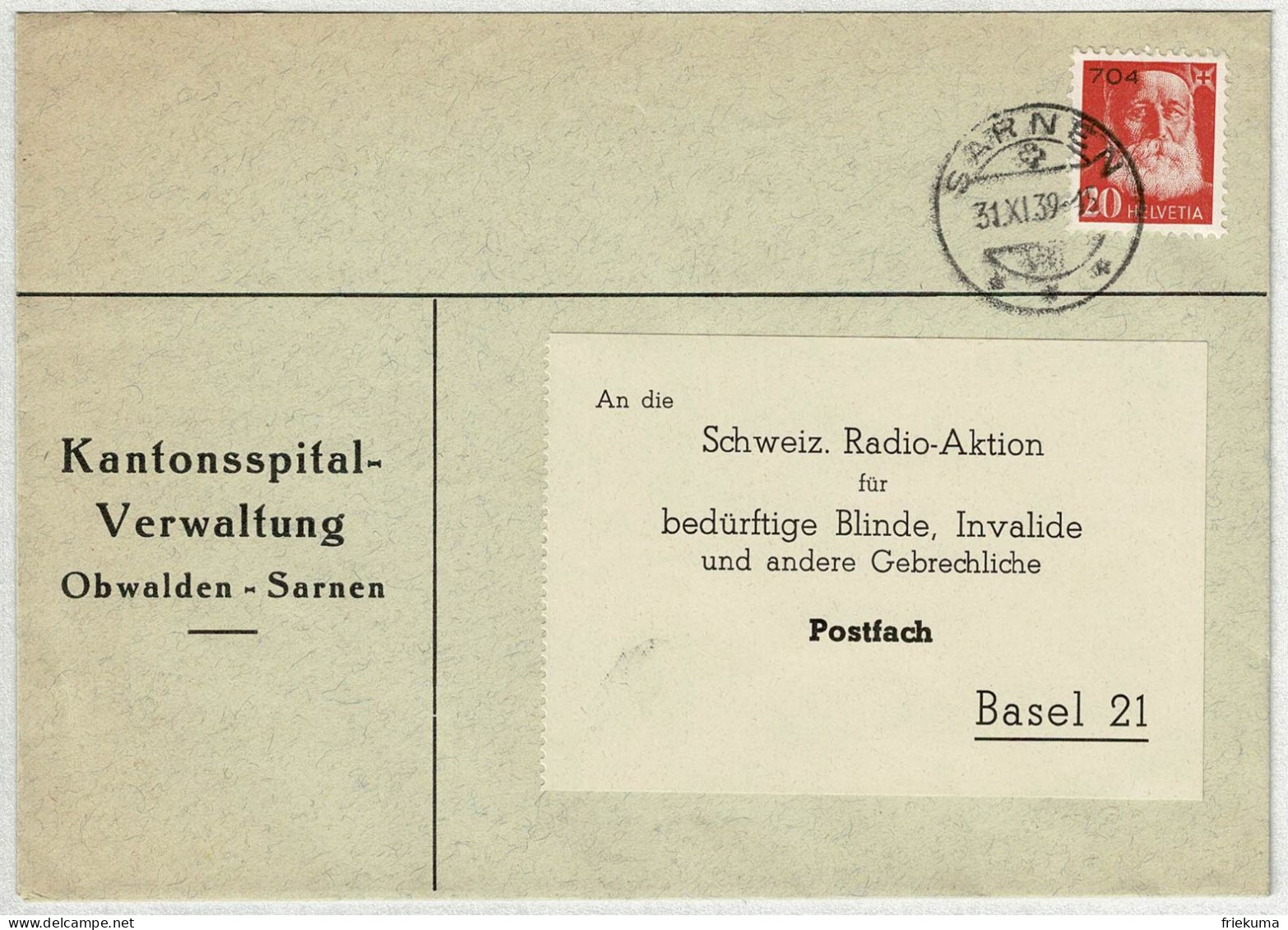 Schweiz / Helvetia 1939, Brief Portofrei Kantonsspital Obwalden Sarnen - Basel - Franchigia