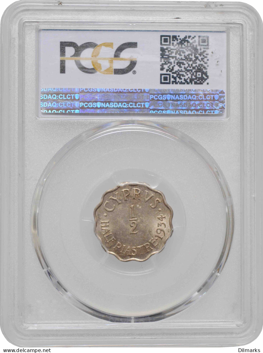 Cyprus 1/2 Piastres 1934, PCGS MS63, &quot;King George V (1911 - 1936)&quot; - Colonias