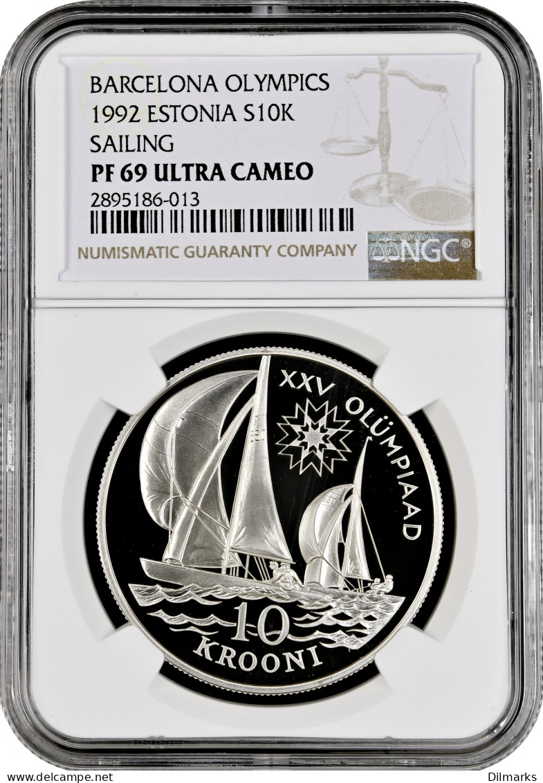 Estonia 10 Krooni 1992, NGC PF69 UC, &quot;XXV Summer Olympics Games, Barcelona 1992 - Sailing&quot; - Estonie