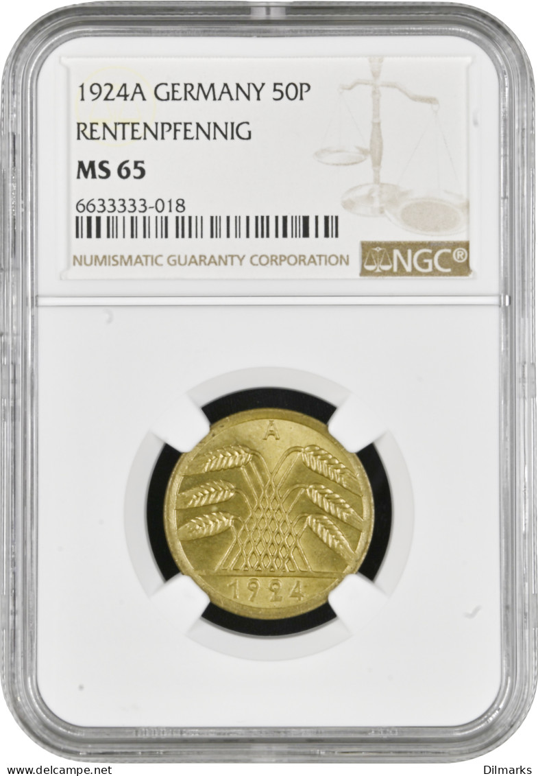 Germany 50 Rentenpfennig 1924 A, NGC MS65, &quot;Weimar Republic (1923 - 1929)&quot; - 5 Reichsmark