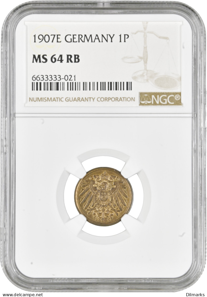 Germany 1 Pfennig 1907 E, NGC MS64 RB, &quot;German Empire (1871 - 1922)&quot; Top Pop - 2, 3 & 5 Mark Plata