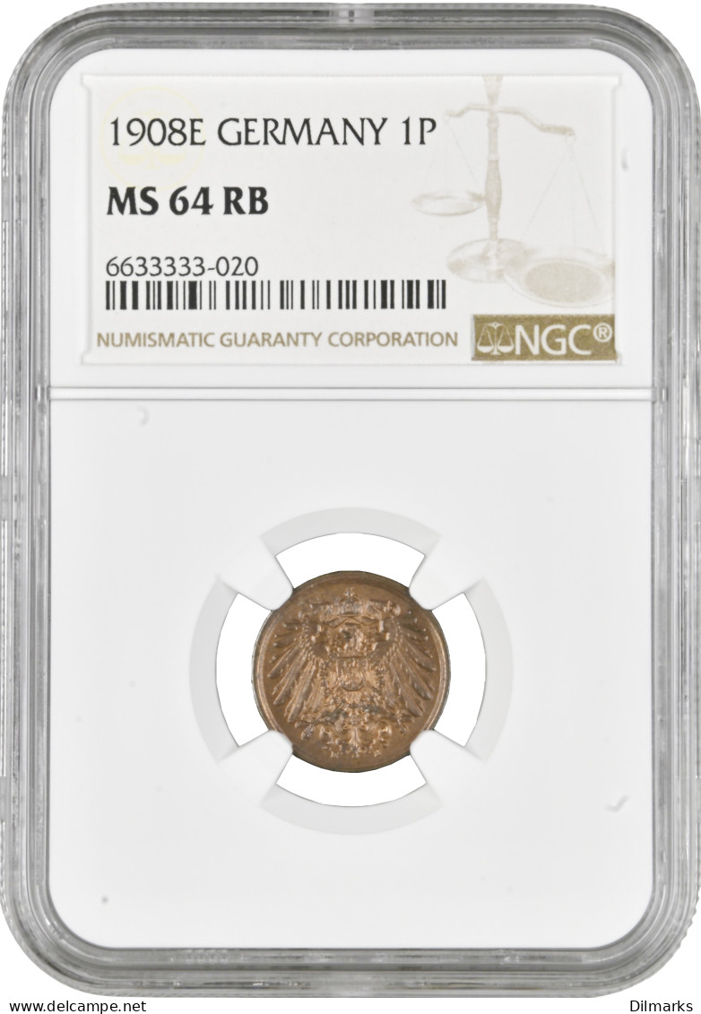Germany 1 Pfennig 1908 E, NGC MS64 RB, &quot;German Empire (1871 - 1922)&quot; Top Pop - 2, 3 & 5 Mark Silver