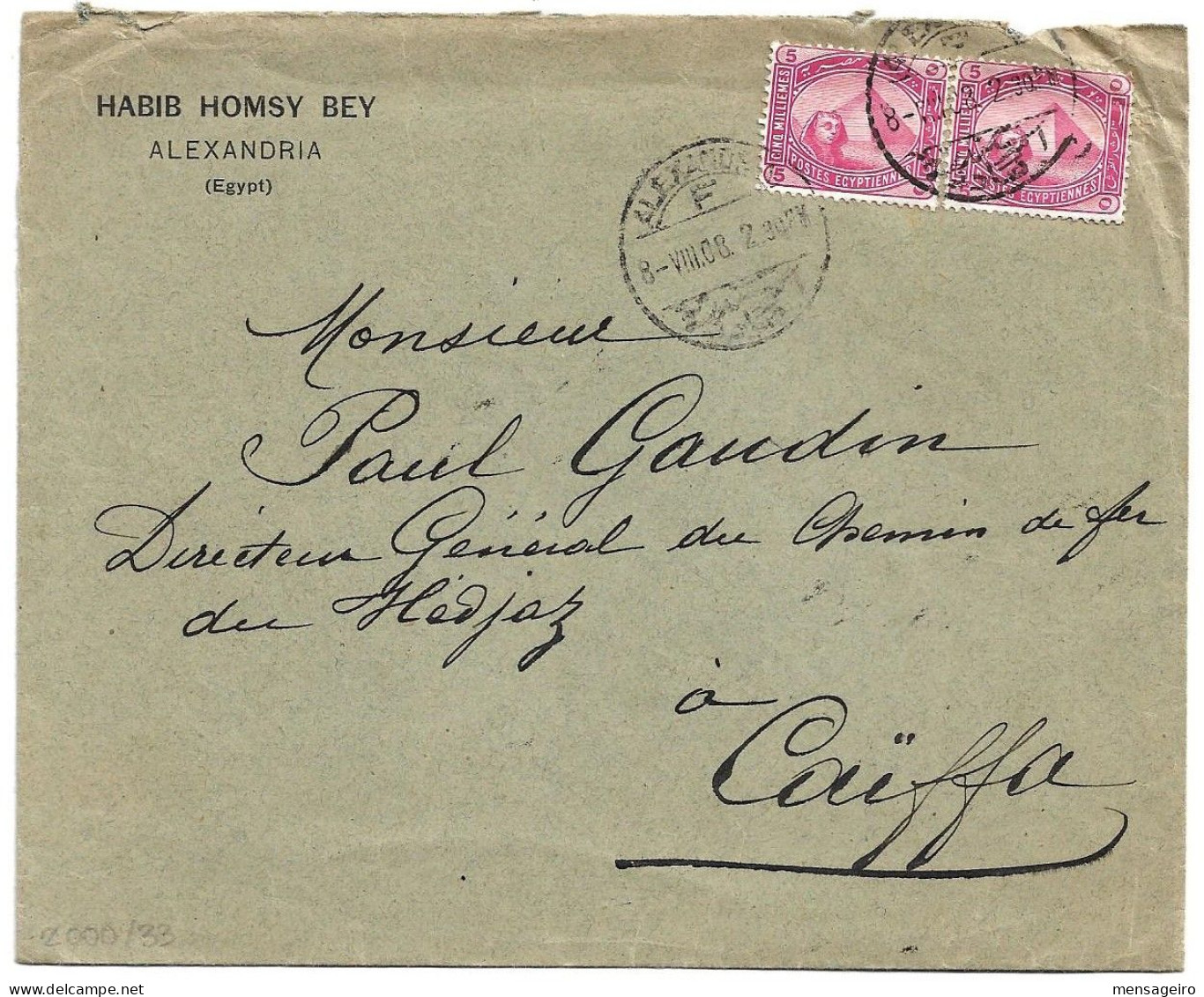 (C04) - COVER WITH 5M. X2 STAMPS ALEXANDRIA / F => CAIFFA HAIFA 1908 CHEMIN DE FER DU HEDJAZ - 1866-1914 Khedivate Of Egypt