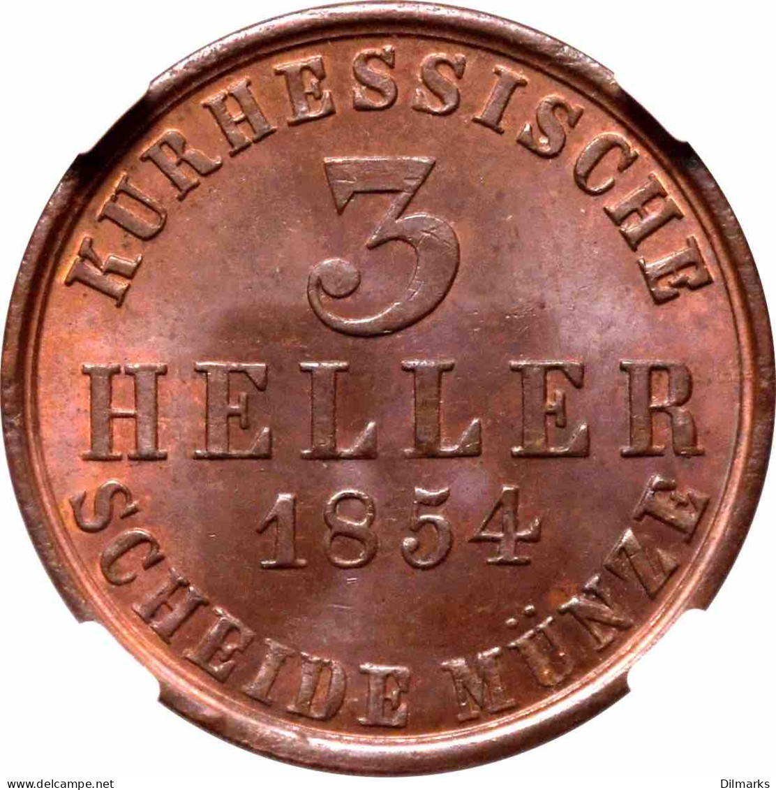 Hesse-Kassel 3 Hellers 1854, NGC MS65 BN, &quot;Frederick William (1847-1866)&quot; Pop1/0 - Taler En Doppeltaler