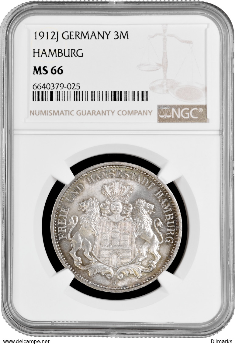 Hamburg 3 Mark 1912 J, NGC MS66, &quot;Free City (1871 - 1918)&quot; Top Pop - 2, 3 & 5 Mark Argento