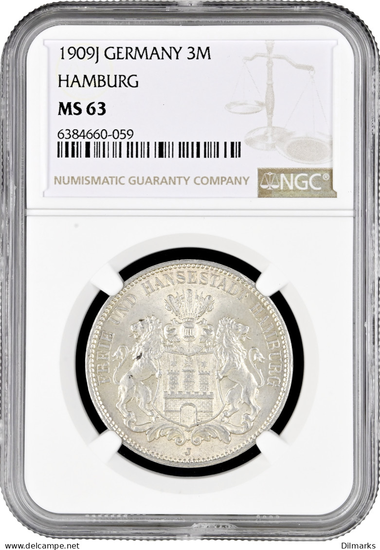 Hamburg 3 Mark 1909, NGC MS63, &quot;Free City (1871 - 1918)&quot; - 2, 3 & 5 Mark Argento