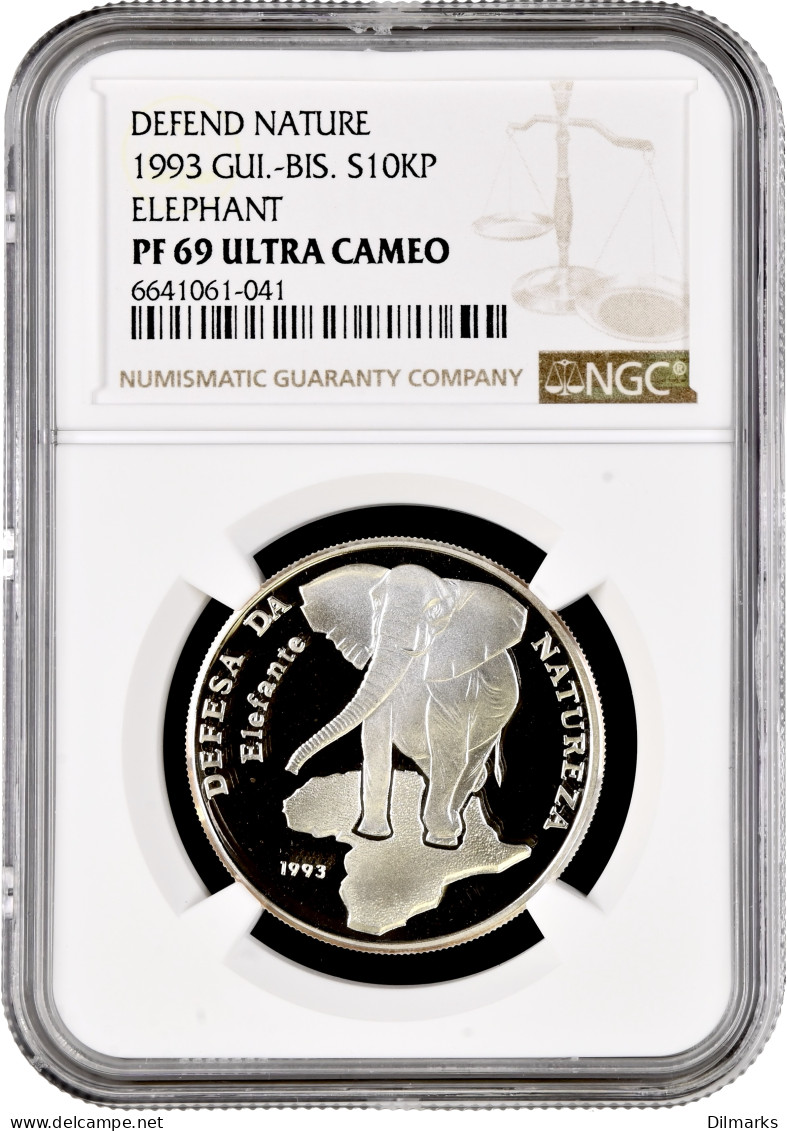Guinea-Bissau 10.000 Pesos 1993, NGC PF69 UC, &quot;Defend Nature - Elephant&quot; Pop 2/0 - Guinea