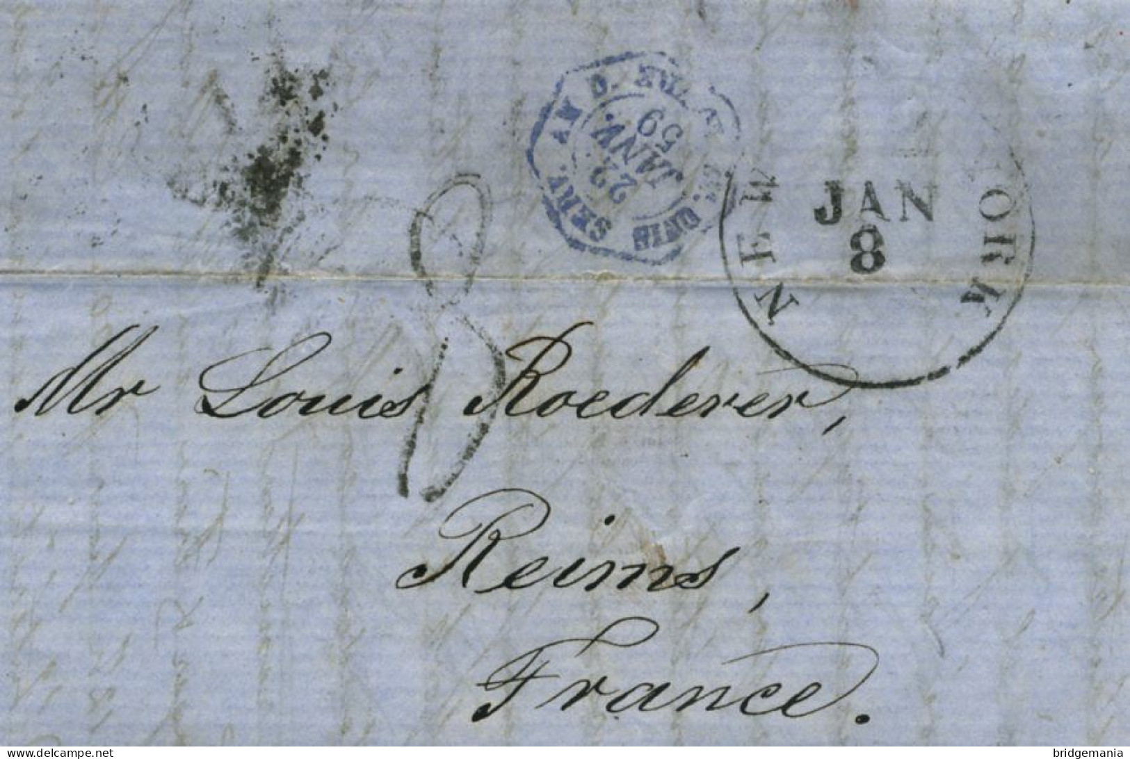 MTM097 - 1859 TRANSATLANTIC LETTER USA TO FRANCE Steamer FULTON - UNPAID - Marcophilie