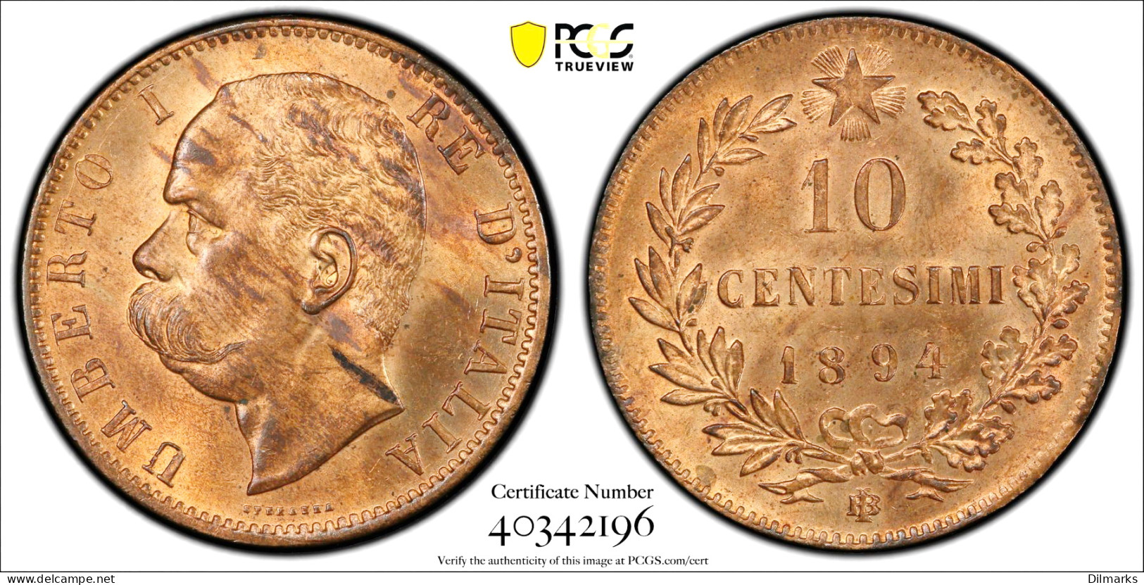 Italy 10 Centesimi 1894 BI, PCGS MS64 RB, &quot;King Umberto I (1878 - 1900)&quot; - Israël