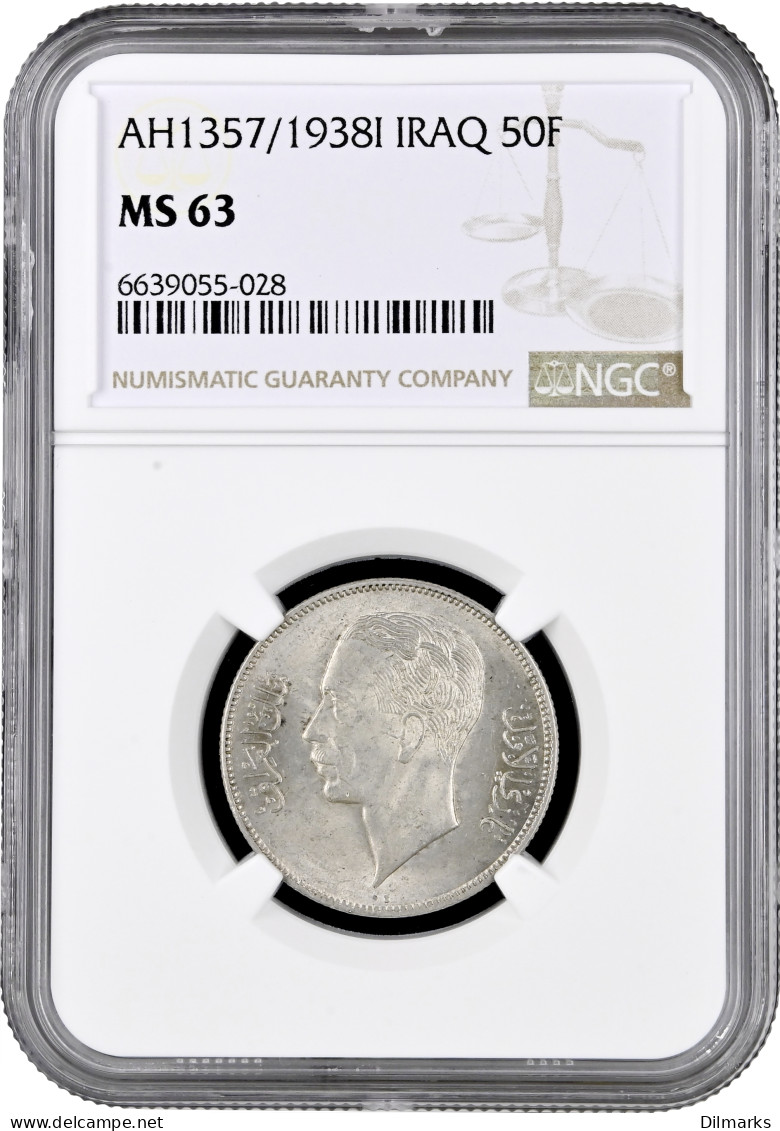 Iraq 50 Fils AH 1357 (1938) I, NGC MS63, &quot;King Ghazi I (1933 - 1939)&quot; - Iraq