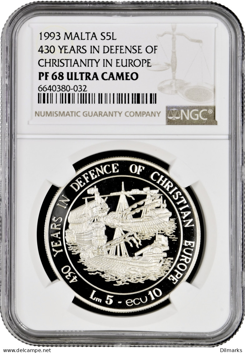 Malta 5 Liri 1993, NGC PF68 UC, &quot;430th Anniver. - Defence Of Christian Europe&quot; - Malte