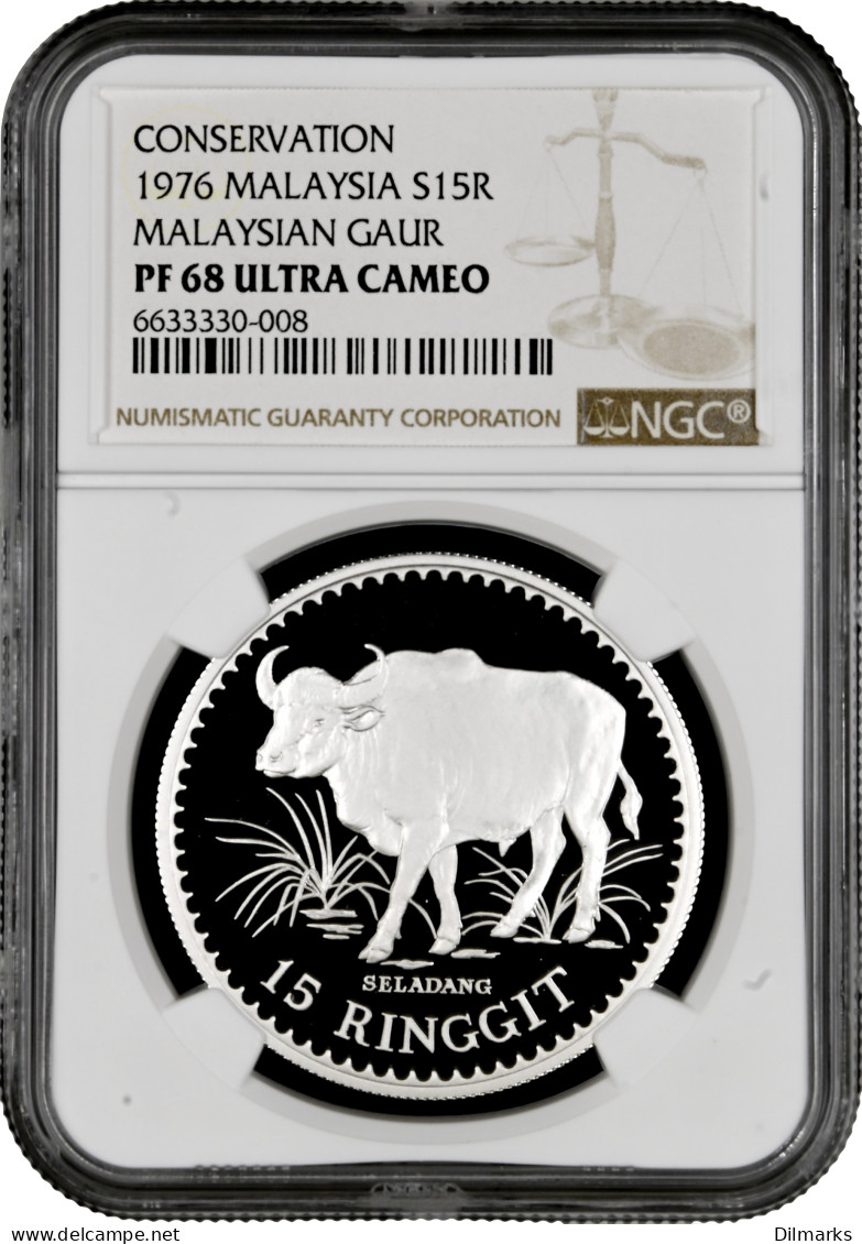 Malaysia 15 Ringgit 1976, NGC PF68 UC, &quot;World Wildlife Conservation - Malaysian Gaur&quot; - Malesia