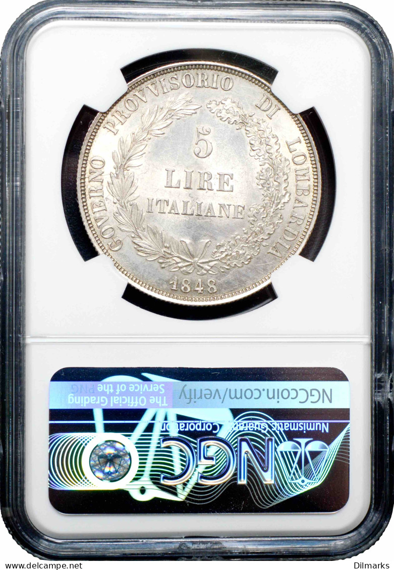 Lombardy-Venetia 5 Lire 1848 M, NGC MS63, &quot;Provisional Government (1848)&quot; SHORT - Lithuania