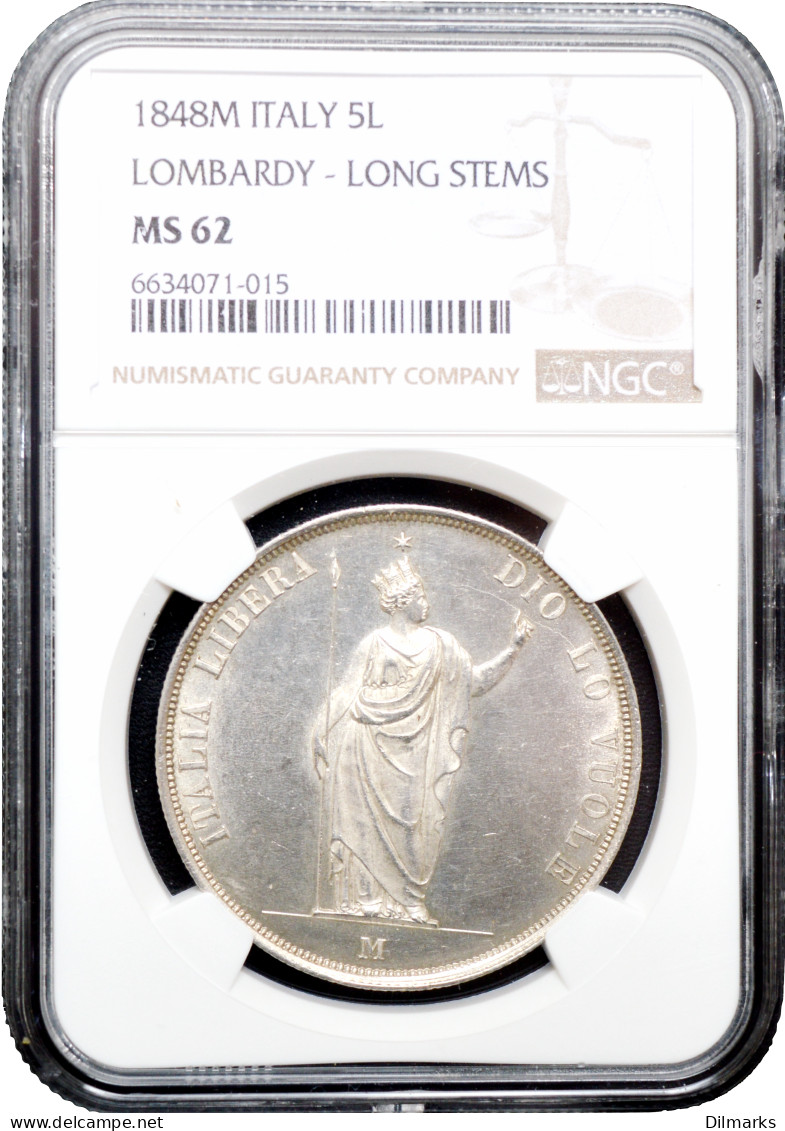 Lombardy-Venetia 5 Lire 1848 M, NGC MS62, &quot;Provisional Government (1848)&quot; LONG - Lithuania