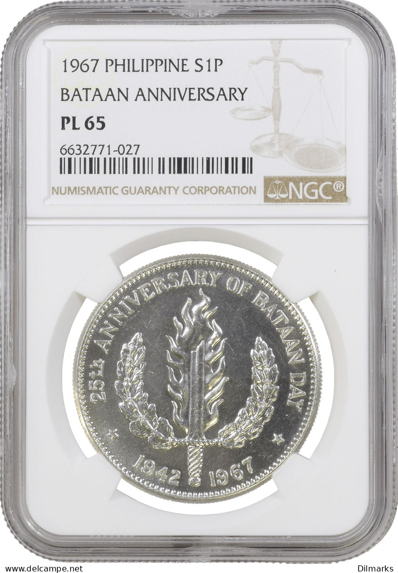 Philippines 1 Peso 1967, NGC PL65, &quot;25th Anniversary - Bataan Day&quot; - Autres – Afrique