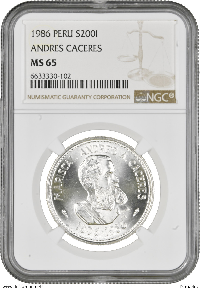 Peru 200 Intis 1986, NGC MS65, &quot;150th Anniversary - Birth Of Marshal Caceres&quot; - Peru