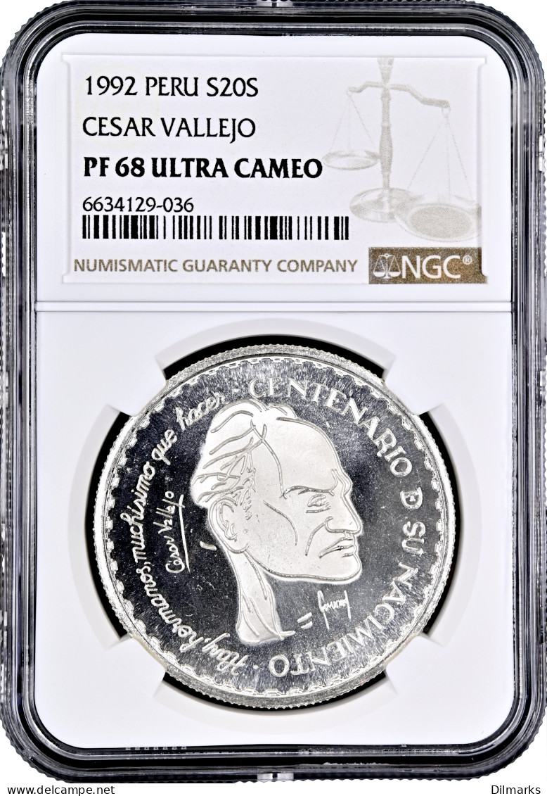 Peru 20 Nuevos Soles 1992, NGC PF68 UC, &quot;100th Anniversary - Birth Of César A. Vallejo&quot; Top Pop - Pérou