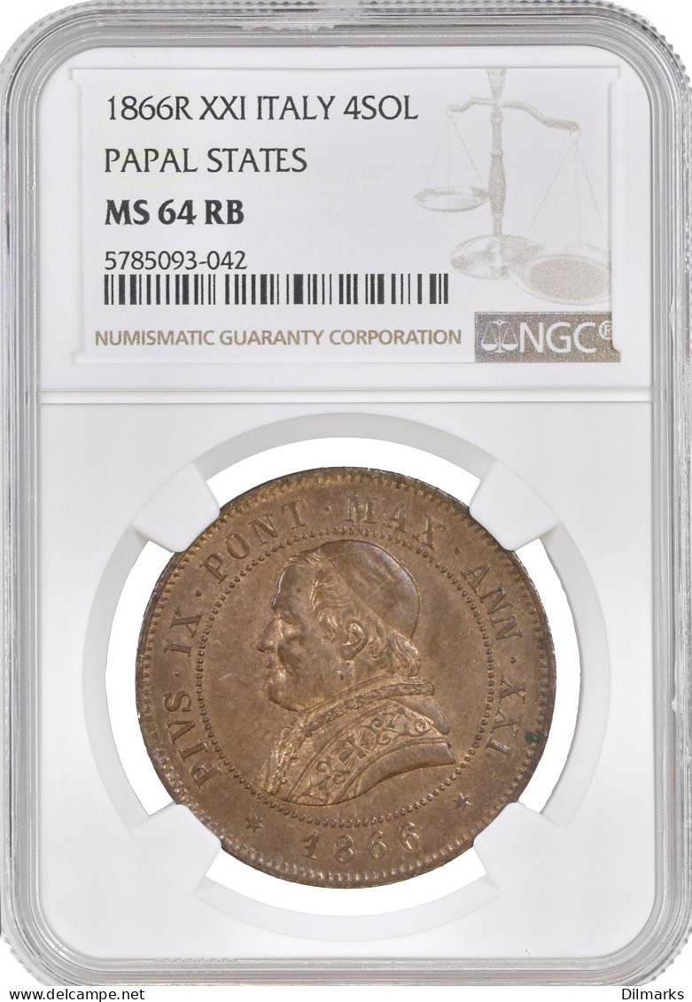 Papal States 4 Soldi 1866 R, NGC MS64 RB, &quot;Pope Pius IX (1846 - 1878)&quot; - Panamá