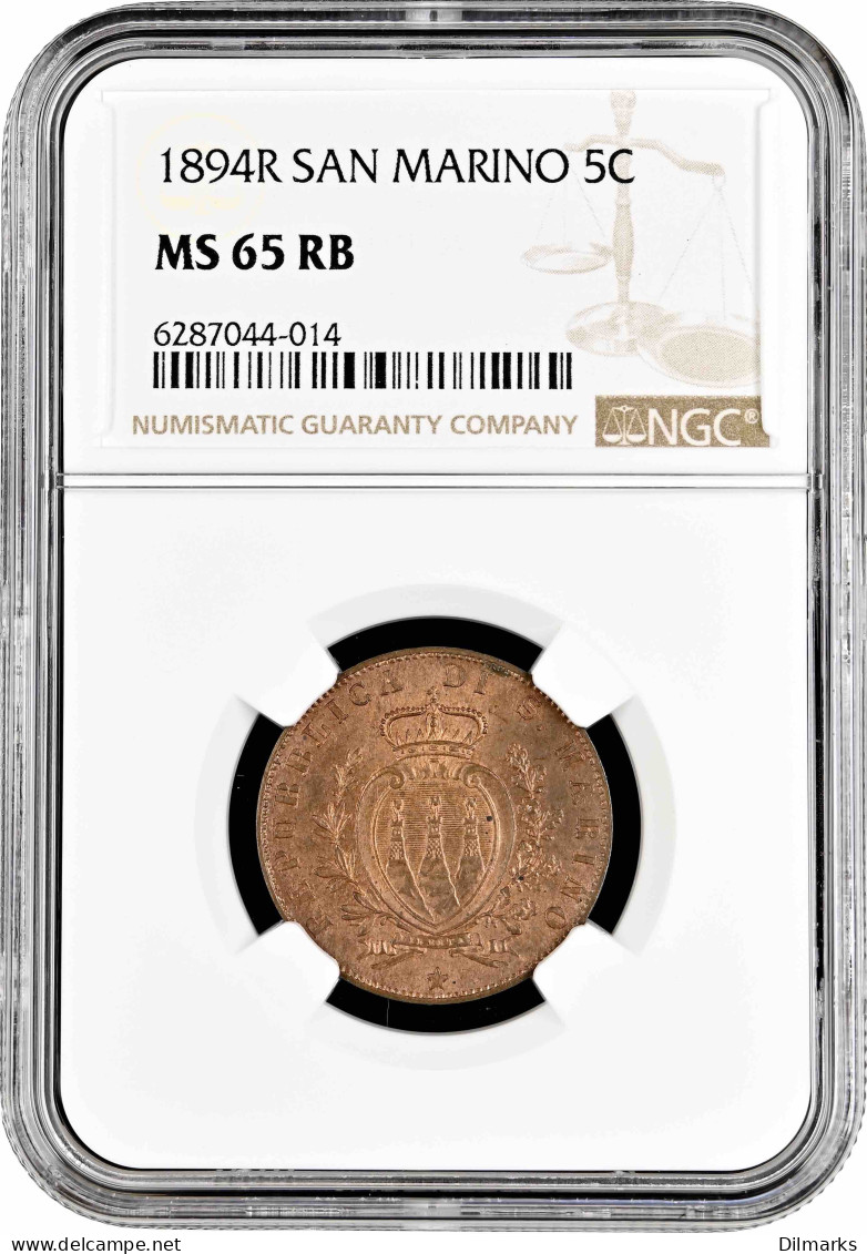 San Marino 5 Centesimi 1894, NGC MS65 RB, &quot;Republic Of San Marino (1864 - 1938)&quot; - Saint-Marin