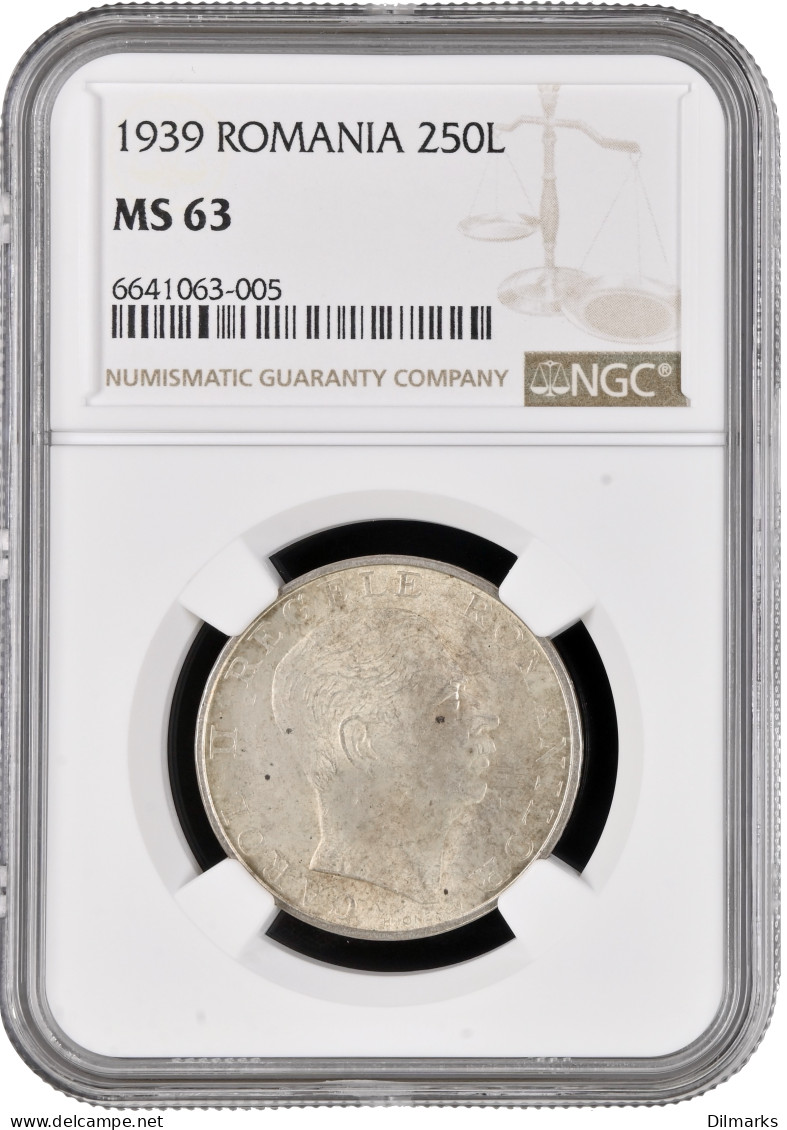Romania 250 Lei 1939, NGC MS63, &quot;King Carol II (1930 - 1940)&quot; Silver Coin - Roemenië