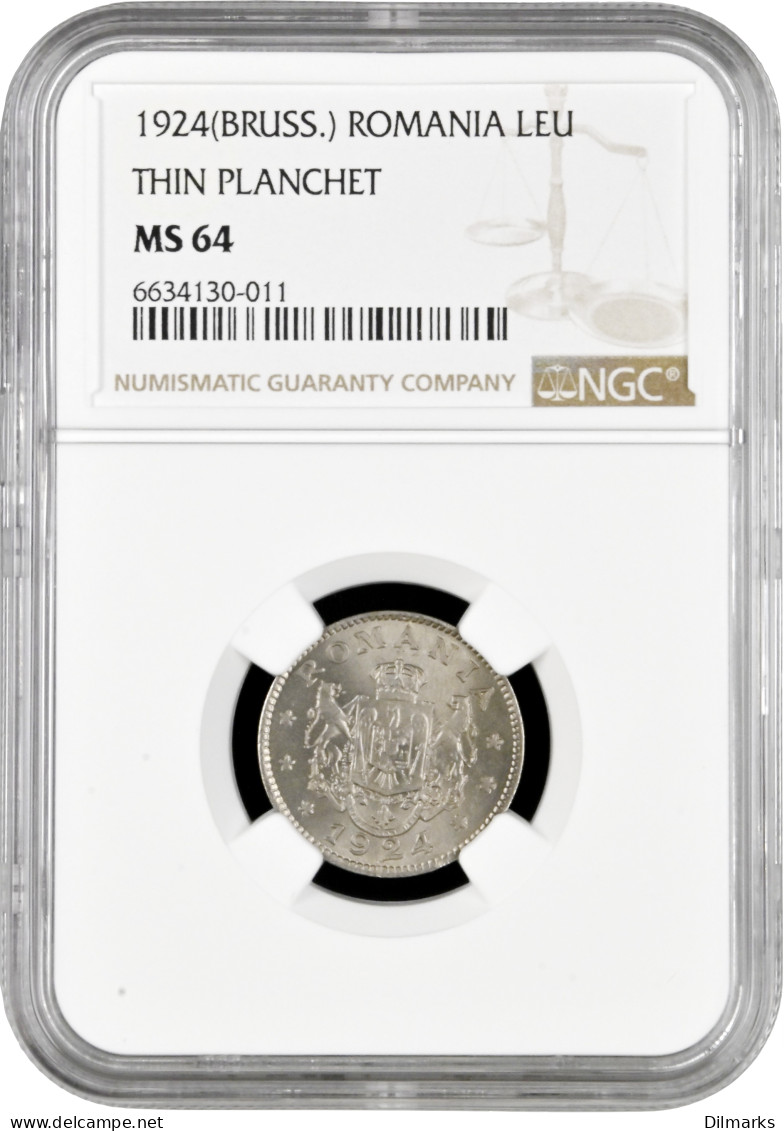 Romania 1 Leu 1924 (BRUSS.), NGC MS64, &quot;King Ferdinand I (1914 - 1927)&quot; - Roumanie