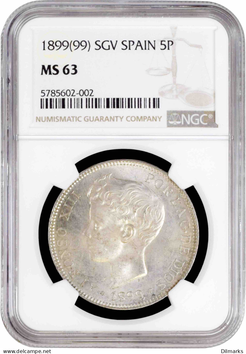 Spain 5 Pesetas 1899 SGV, NGC MS63, &quot;King Alfonso XIII (1886 - 1931)&quot; - Other & Unclassified