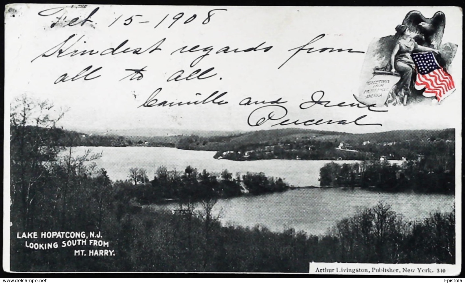 ► LAKE HOPATCONG N.J.  Greetings From Pictureque America - Flag Color 1908  -    Stamp 2C - Andere & Zonder Classificatie