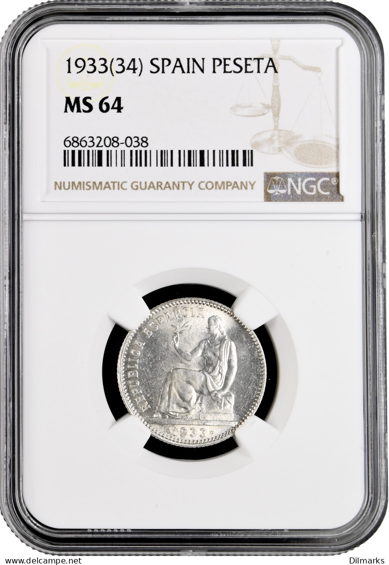 Spain 1 Peseta 1933 (34), NGC MS64, &quot;Second Republic (1931 - 1939)&quot; Silver Coin - Autres – Afrique
