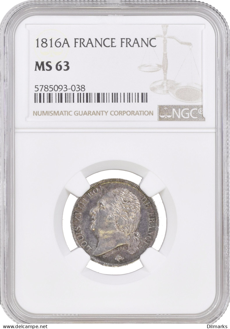 France 1 Franc 1816 A, NGC MS63, &quot;King Louis XVIII (1815 - 1824)&quot; - Autres – Afrique