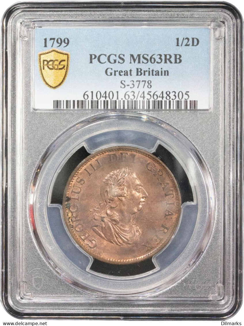 Great Britain 1/2 Penny 1799, PCGC MS63 RB, &quot;King George III (1760 - 1820)&quot; - Altri & Non Classificati