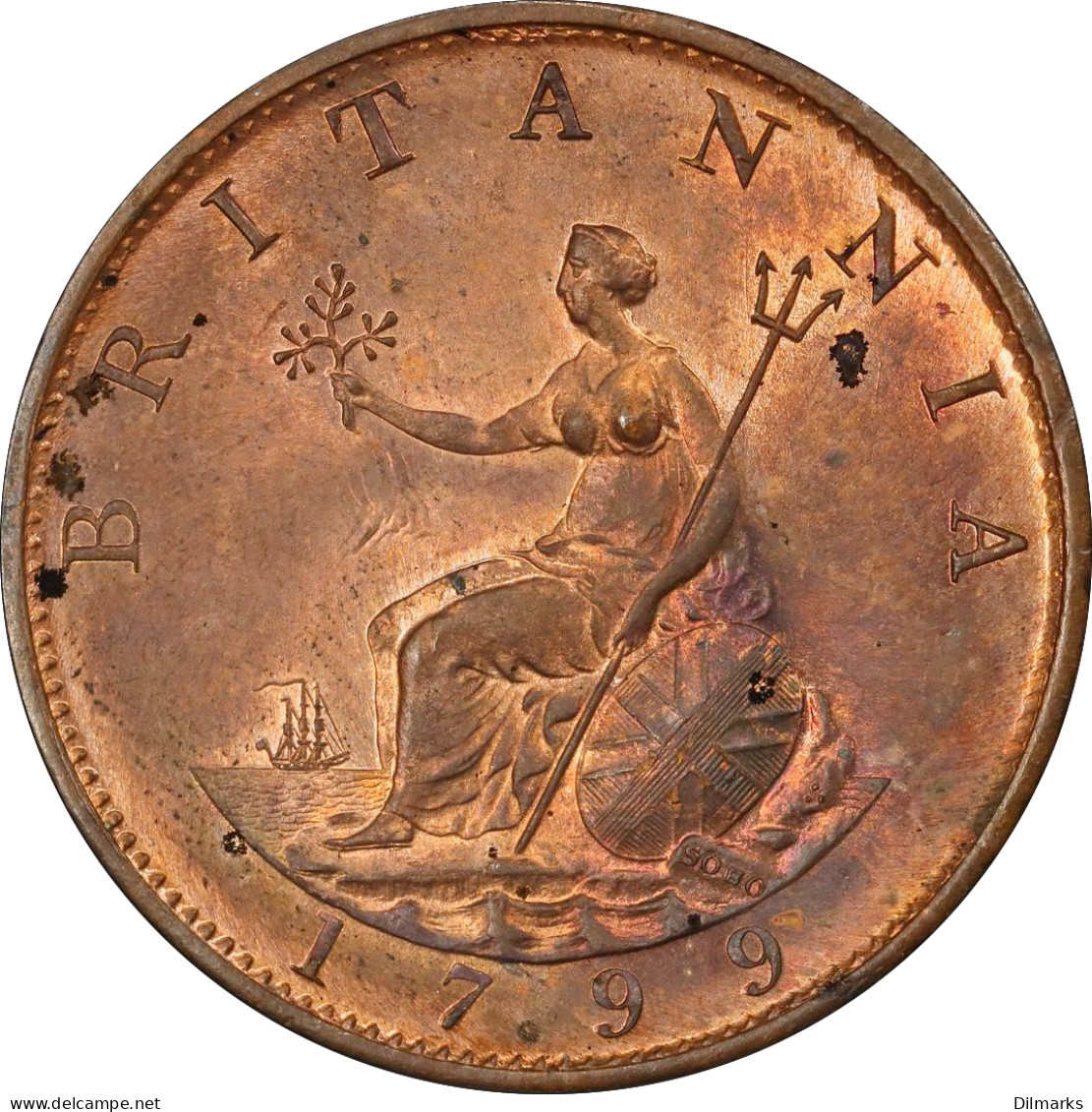Great Britain 1/2 Penny 1799, PCGC MS63 RB, &quot;King George III (1760 - 1820)&quot; - Sonstige & Ohne Zuordnung