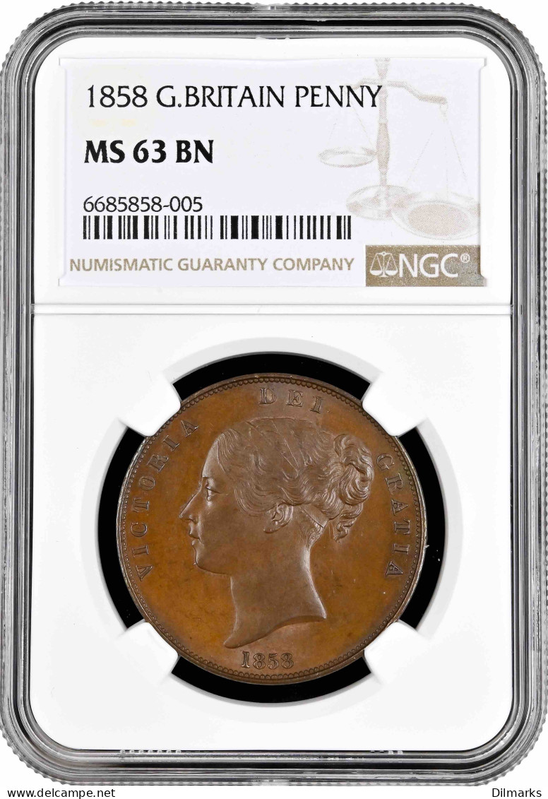 Great Britain 1 Penny 1858, NGC MS63 BN, &quot;Queen Victoria (1838 - 1901)&quot; - Andere & Zonder Classificatie