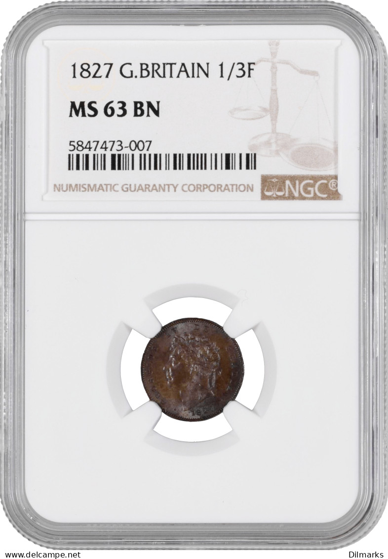 Great Britain 1/3 Farthing 1827, NGC MS63 BN, &quot;King George IV (1820 - 1830)&quot; - Other & Unclassified