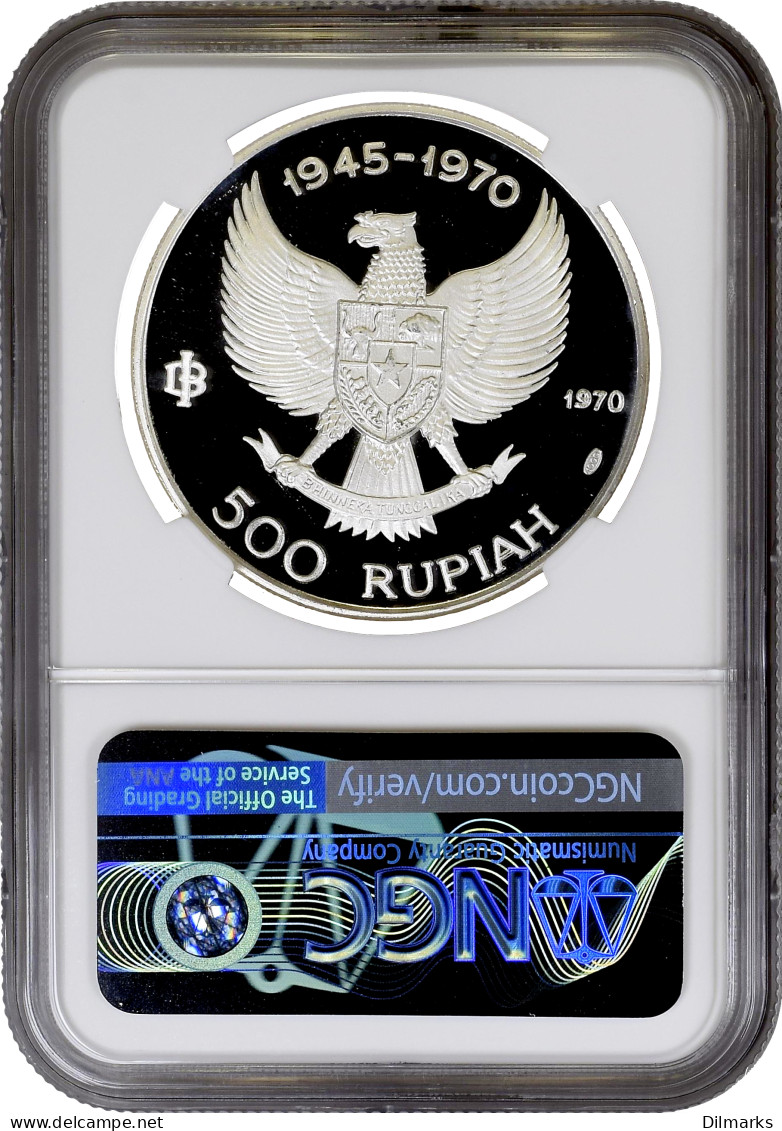 Indonesia 500 Rupiah 1970, NGC PF66 UC, &quot;25th Anniversary Of Independence&quot; - Indonesia
