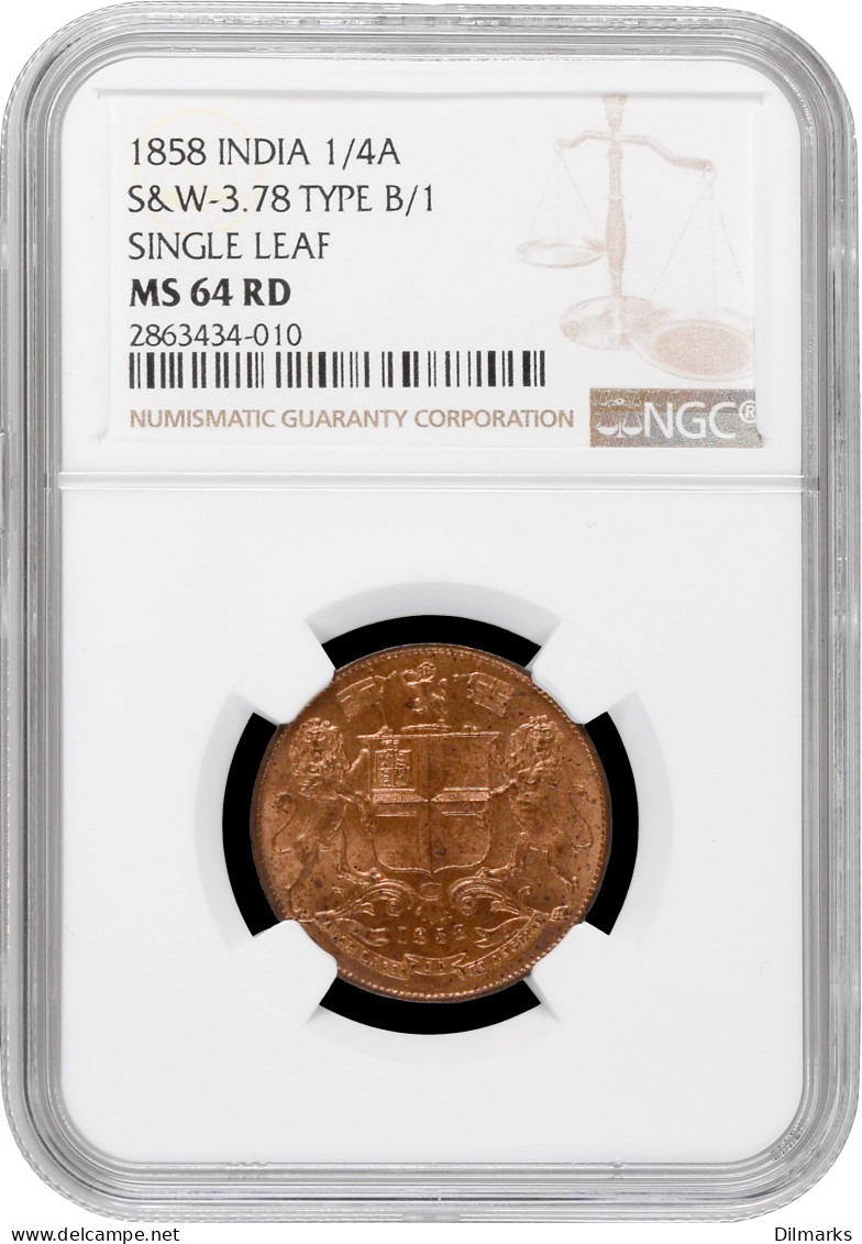 India - British 1/4 Anna 1858, NGC MS64 RD, &quot;East India Company (1834 - 1858)&quot; - Inde