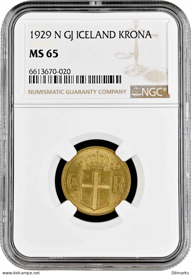 Iceland 1 Krona 1929 N, NGC MS65, &quot;King Christian X (1922 - 1943)&quot; Top Pop 4/0 - Islandia