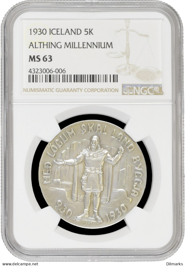 Iceland 5 Kronur 1930, NGC MS63, &quot;1000th Anniversary - Althing&quot; - Iceland