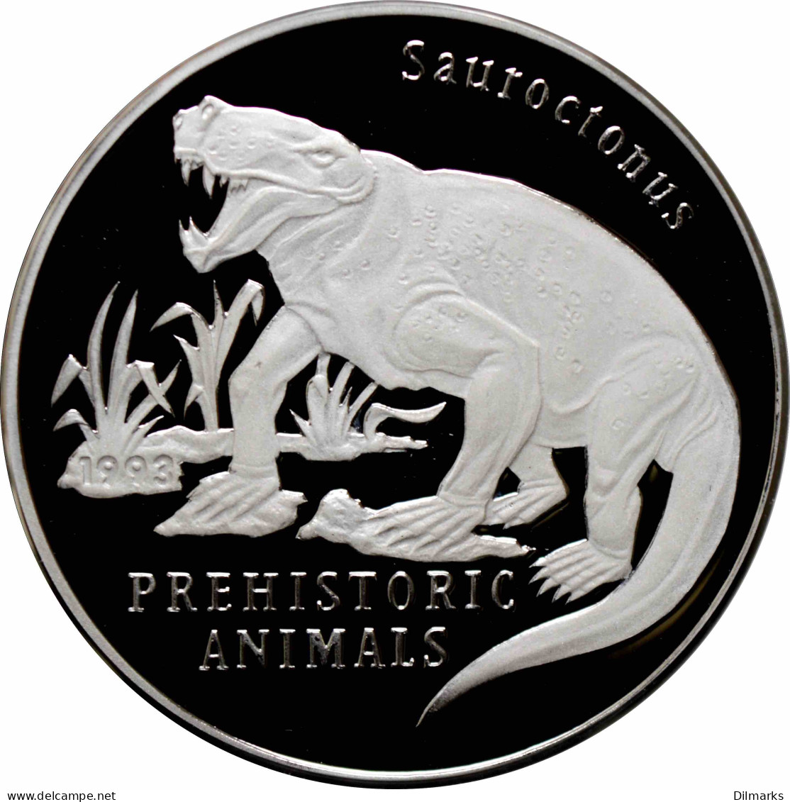 Laos 50 Kip 1993, PROOF, &quot;Prehistoric Animals - Sauroctonus&quot; Silver Coin - Laos