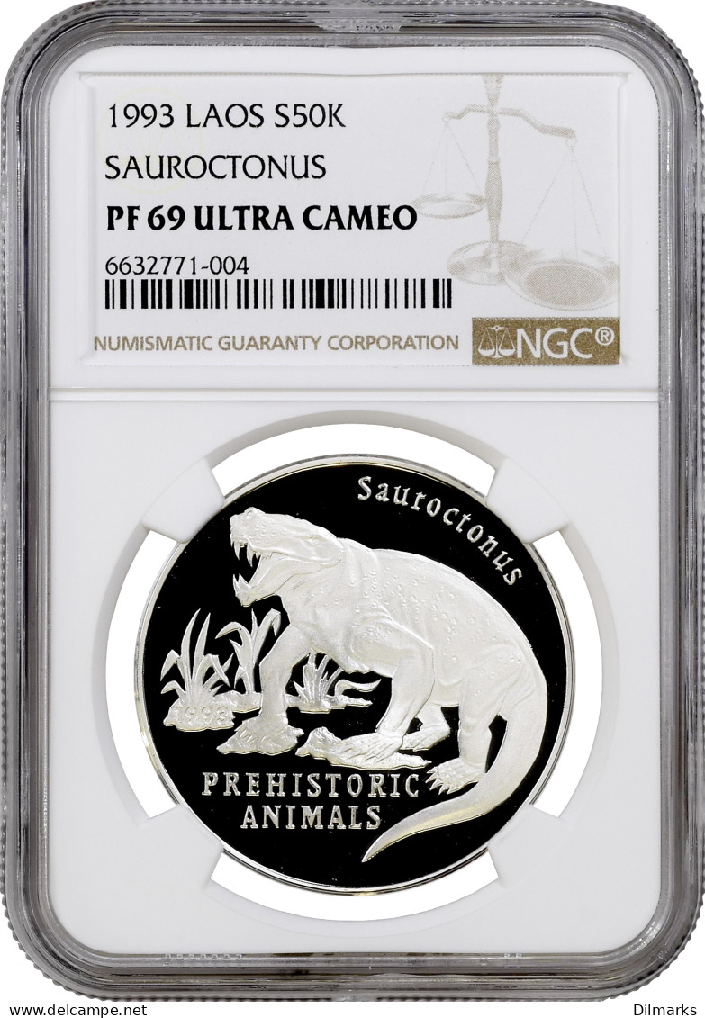 Laos 50 Kip 1993, NGC PF69 UC, &quot;Prehistoric Animals - Sauroctonus&quot; Top Pop - Laos