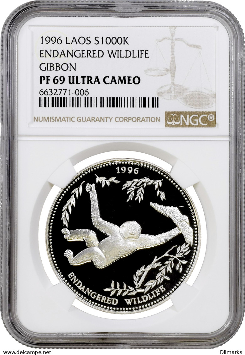 Laos 1000 Kip 1996, NGC PF69 UC, &quot;Endangered Wildlife - Gibbon&quot; - Laos